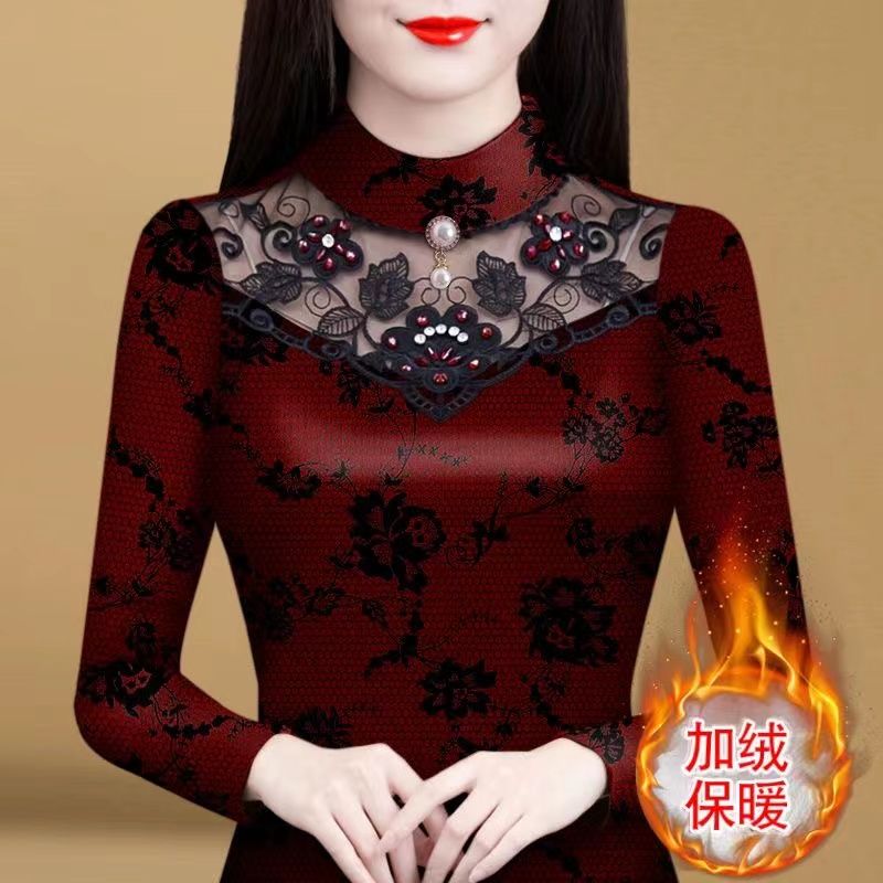 2023年新款一體絨雙面德絨印花蕾絲花邊加絨保暖打底衫女釘珠t恤