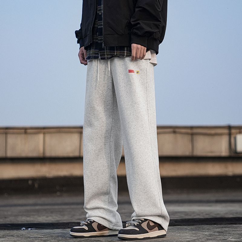 雪花灰加絨衛褲男秋冬款日系cityboy闊腿寬鬆直筒運動休閒長褲子