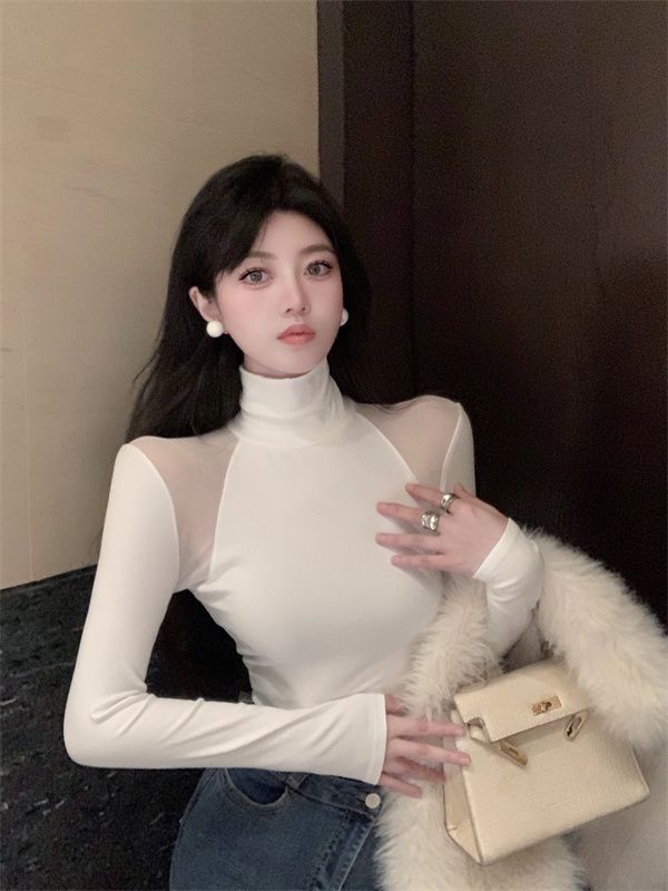 小心機網紗拼接甜辣風ins高領T恤女冬長袖內搭打底衫修身白色上衣