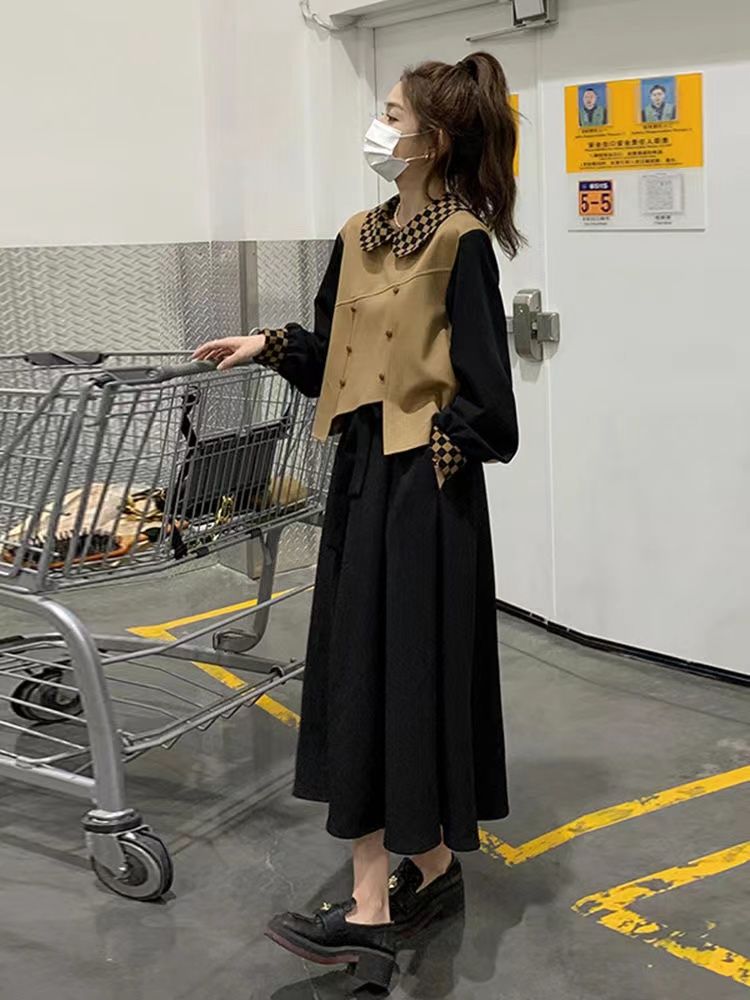 大碼女裝胖mm假兩件馬甲拼接娃娃領長袖約會套裝裙顯瘦氣質高級感