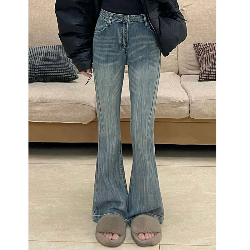 復古做舊淺色牛仔褲女小個子高腰彈力拖地褲子修身直筒微喇叭長褲