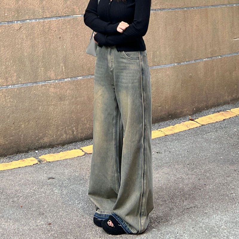 高個子175加長毛邊闊腿牛仔褲長褲秋冬新款高腰寬鬆顯瘦拖地褲子