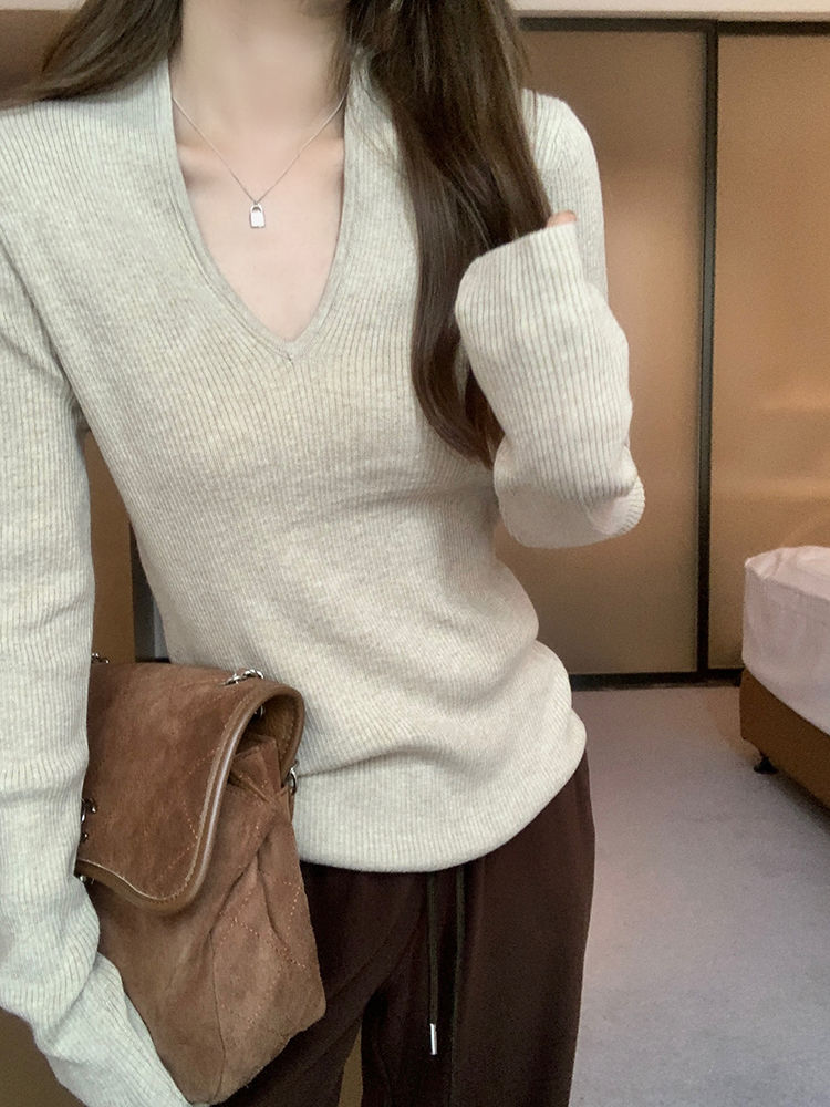 百搭V領打底針織衫女秋冬氣質2023內搭純色修身顯瘦彈力長袖上衣