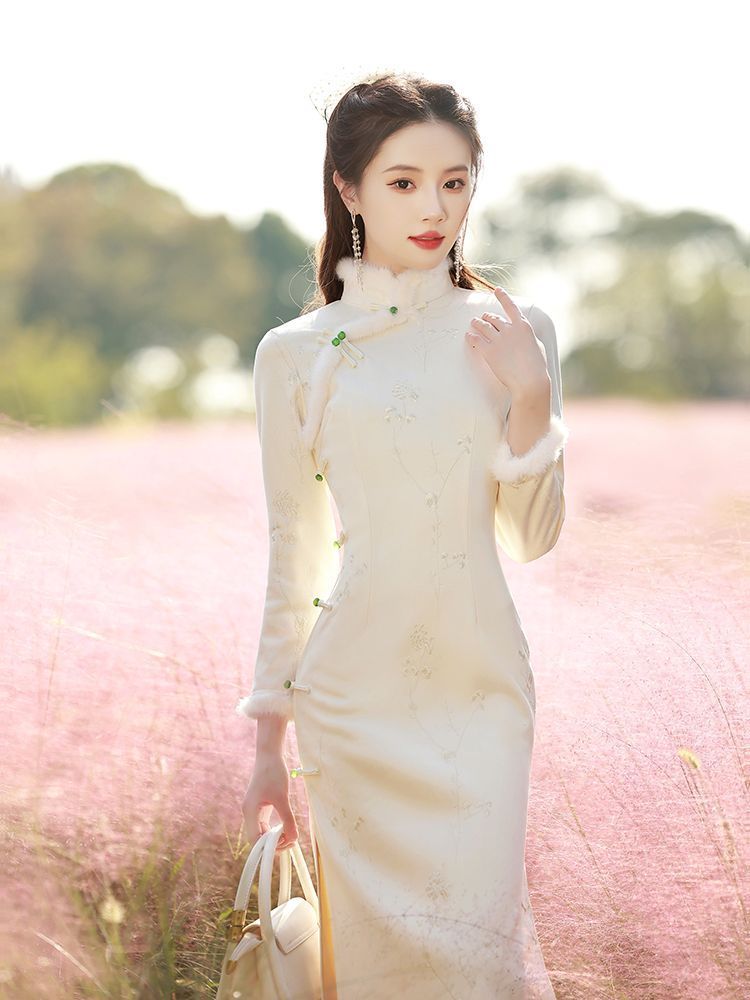 麂皮絨旗袍2023新款改良版氣質高端高級感年輕款連衣裙女秋冬加絨