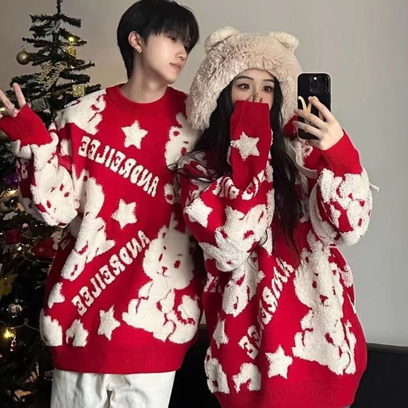 萬梵度龍年紅色圓領毛衣男女同款慵懶風情侶本命年針織衫冬季外套