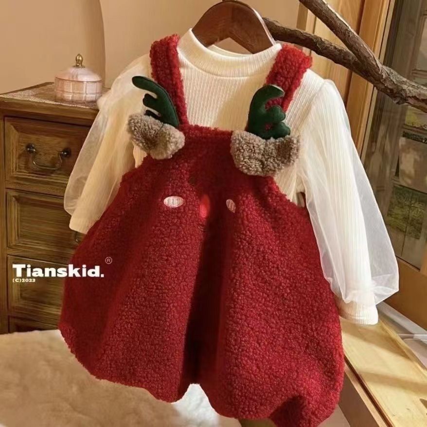 【聖誕節】加絨連衣裙套裝新款洋氣吊帶裙子女寶寶紅色新年裙子