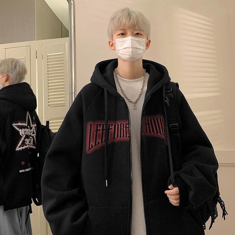 加絨加厚男生衛衣開衫秋冬款美式復古hiphop潮牌寬鬆拉鏈連帽外套