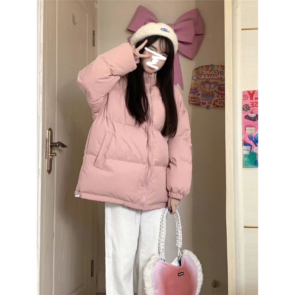 甜美粉色加厚立領棉服女冬季2023新款簡約麵包服學生棉衣外套ins