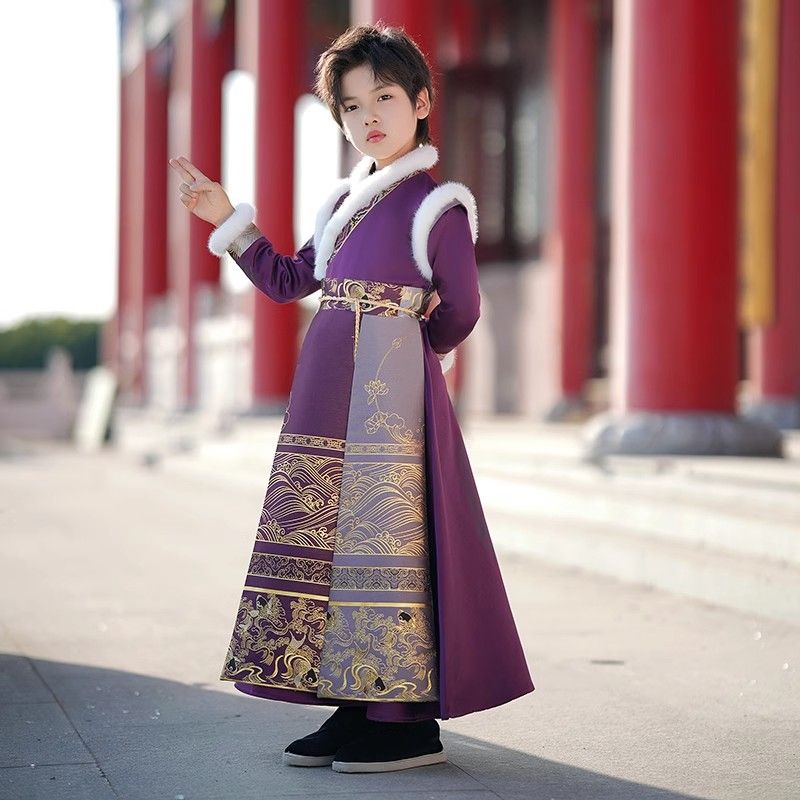 拜年服男童冬裝漢服外套男寶寶喜慶過年服中國風兒童2024秋冬武俠