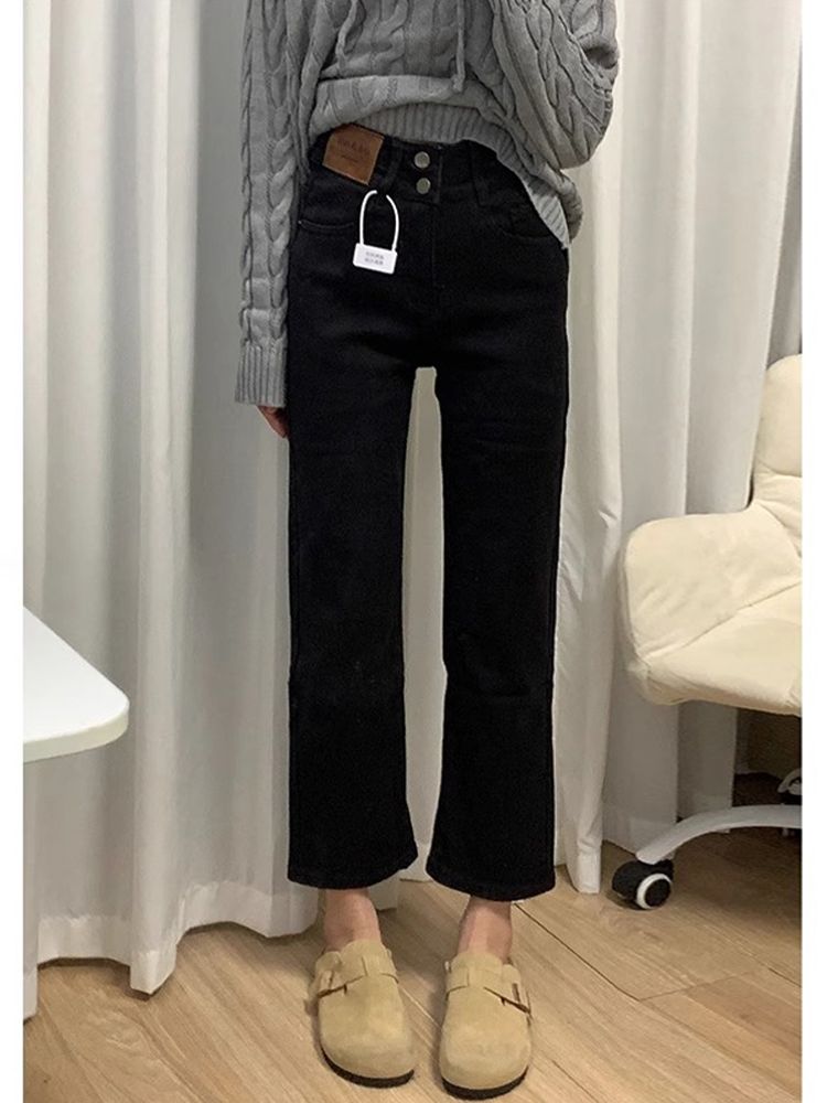 黑色九分直筒牛仔褲女冬季新款小個子高腰修身闊腿顯瘦煙管法棍褲