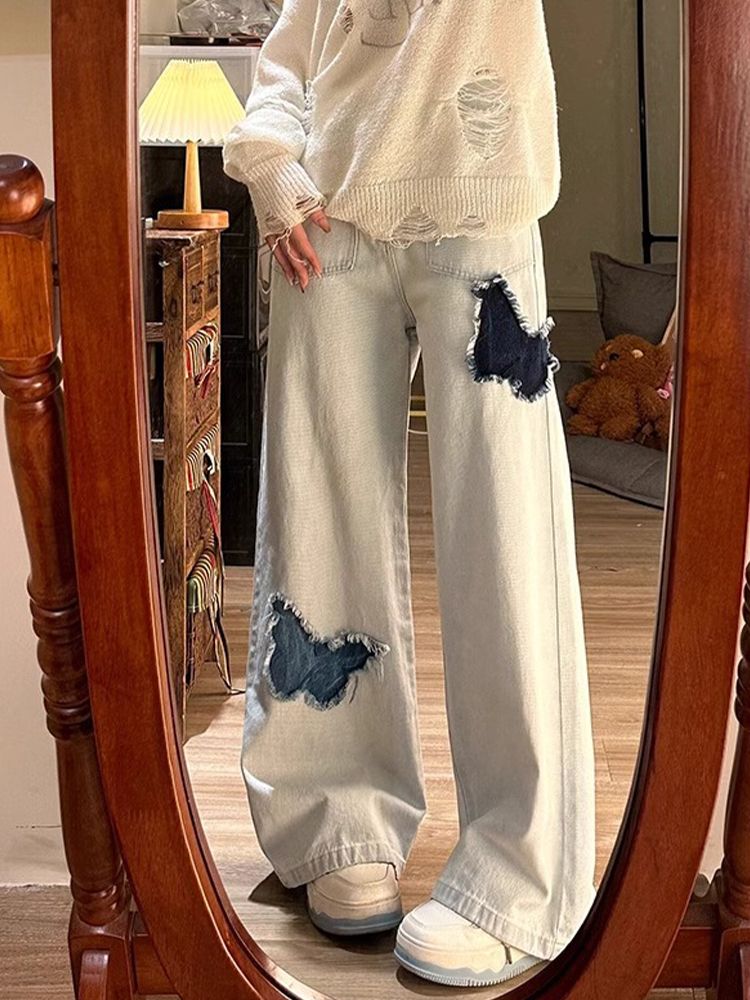 蝴蝶貼布刺繡設計闊腿牛仔褲女秋冬2023新款高腰垂感直筒拖地褲子