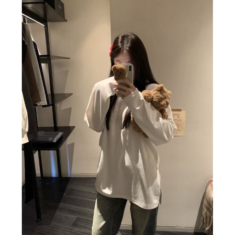 加厚加絨打底衫女秋冬白色保暖內搭上衣寬鬆慵懶風百搭開叉上衣服
