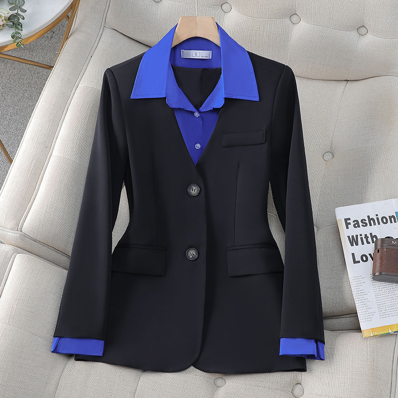 Black suit jacket for women spring and autumn 2024 new temperament and high-end sense small fashion casual fake two-piece suit