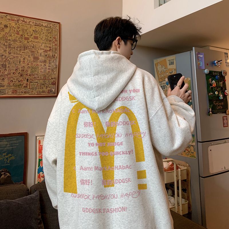 American trendy heavyweight loose sweatshirt jacket for men hiphop retro style velvet thickened long-sleeved hooded autumn and winter style
