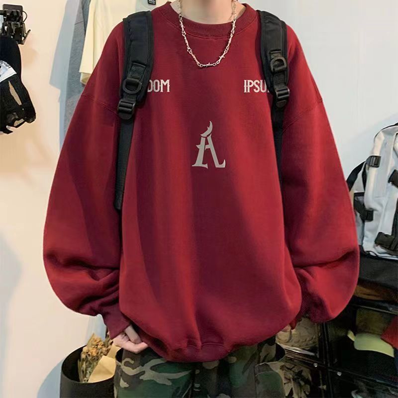 酒紅色重磅無帽衛衣男秋冬款圓領美式復古潮牌寬鬆長袖外套上衣服