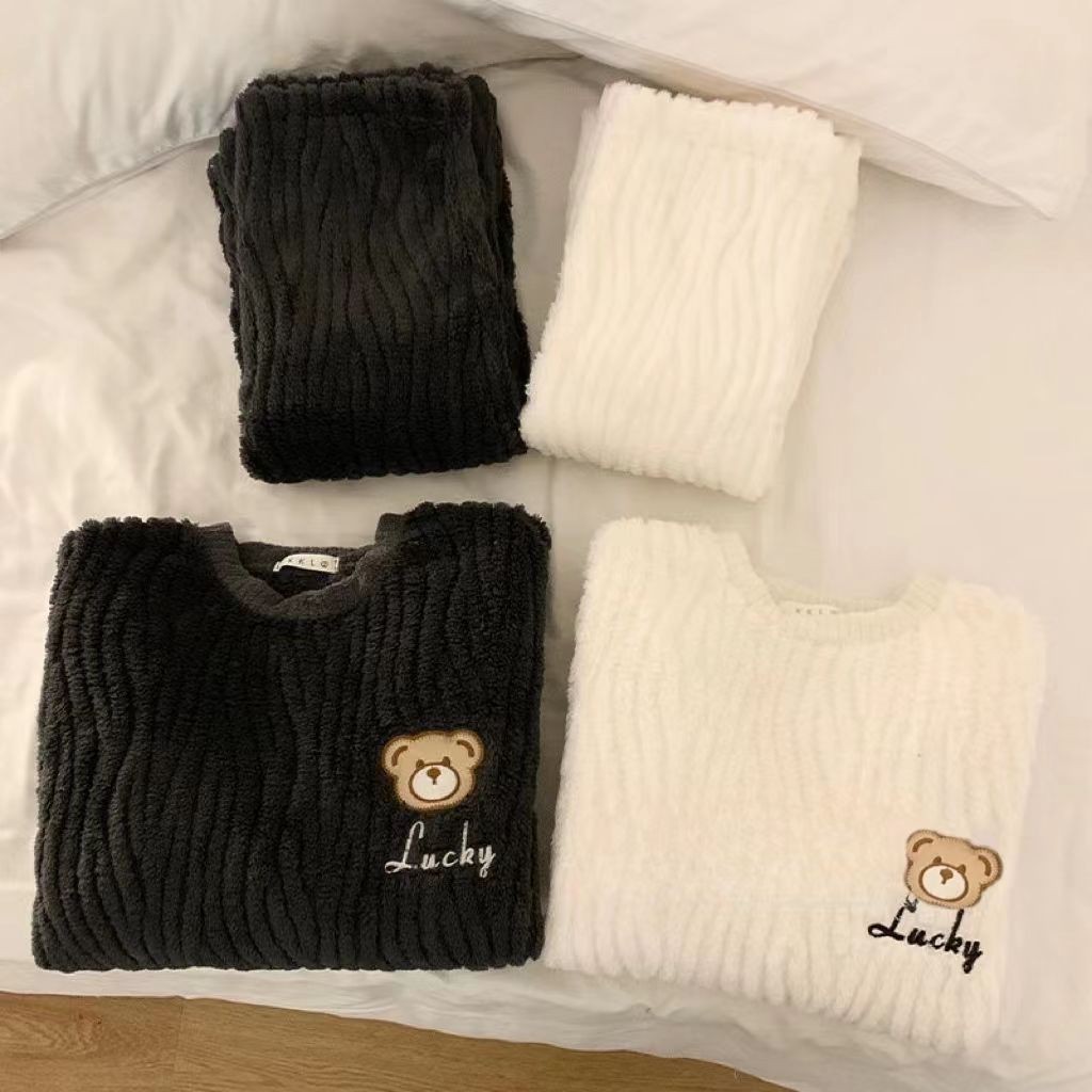 ins Korean version couple style bear pajamas autumn and winter new coral velvet thickened plus velvet internet celebrity home wear set