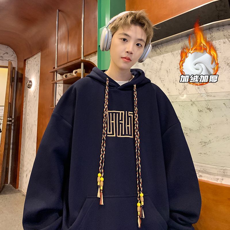 Sweatshirt men's autumn and winter velvet warm hooded jacket men's trendy brand national style clothes casual men's thickened tops
