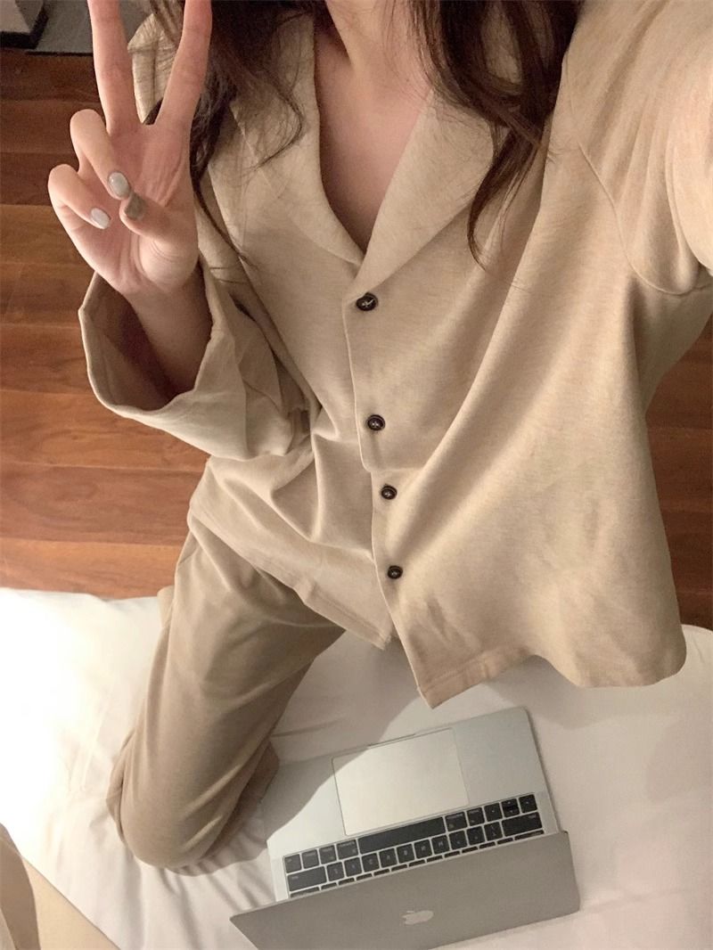 高級純色睡衣女秋冬季甜美ins風加厚德絨外穿加絨長袖家居服套裝