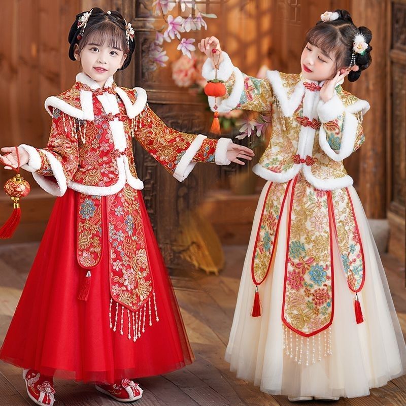 拜年服女童冬裝加絨中國風新款古裝漢服加厚兒童唐裝女孩新年衣服