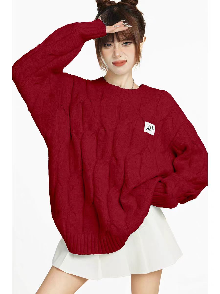 秋冬新款復古聖誕本命年紅色圓領麻花毛衣慵懶寬鬆上衣針織衫女裝