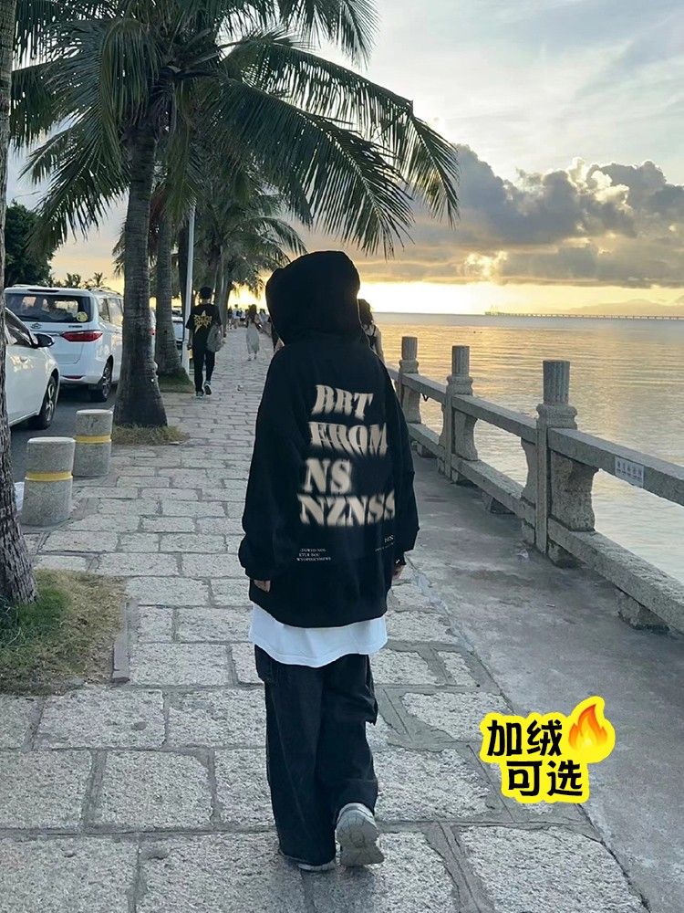 美式復古重磅連帽衛衣男秋冬季ootd穿搭歐美風hiphop高街加絨外套