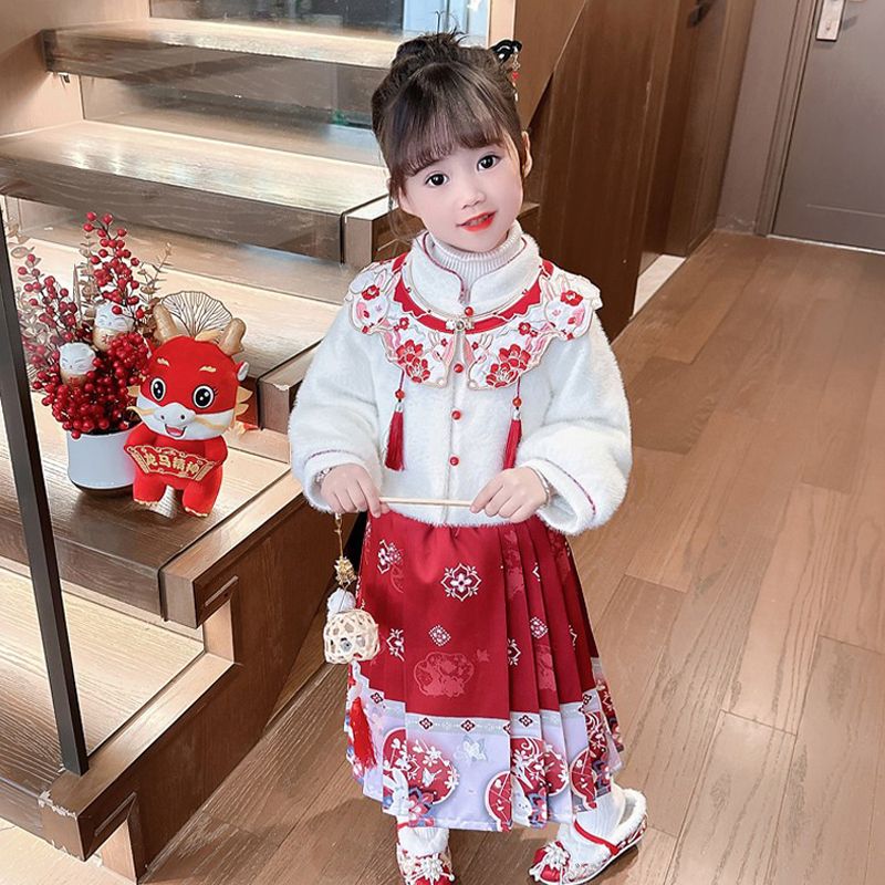 兒童秋冬季新款2023女童馬面裙拜年套裝洋氣女寶寶冬裝漢服中國風