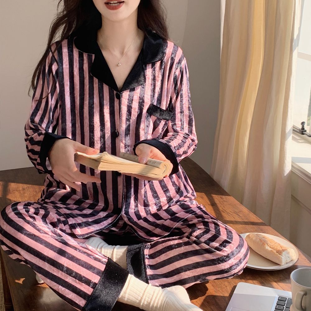 簡約高級感豎條紋睡衣女秋冬新款金絲絨保暖可外穿冬天家居服套裝