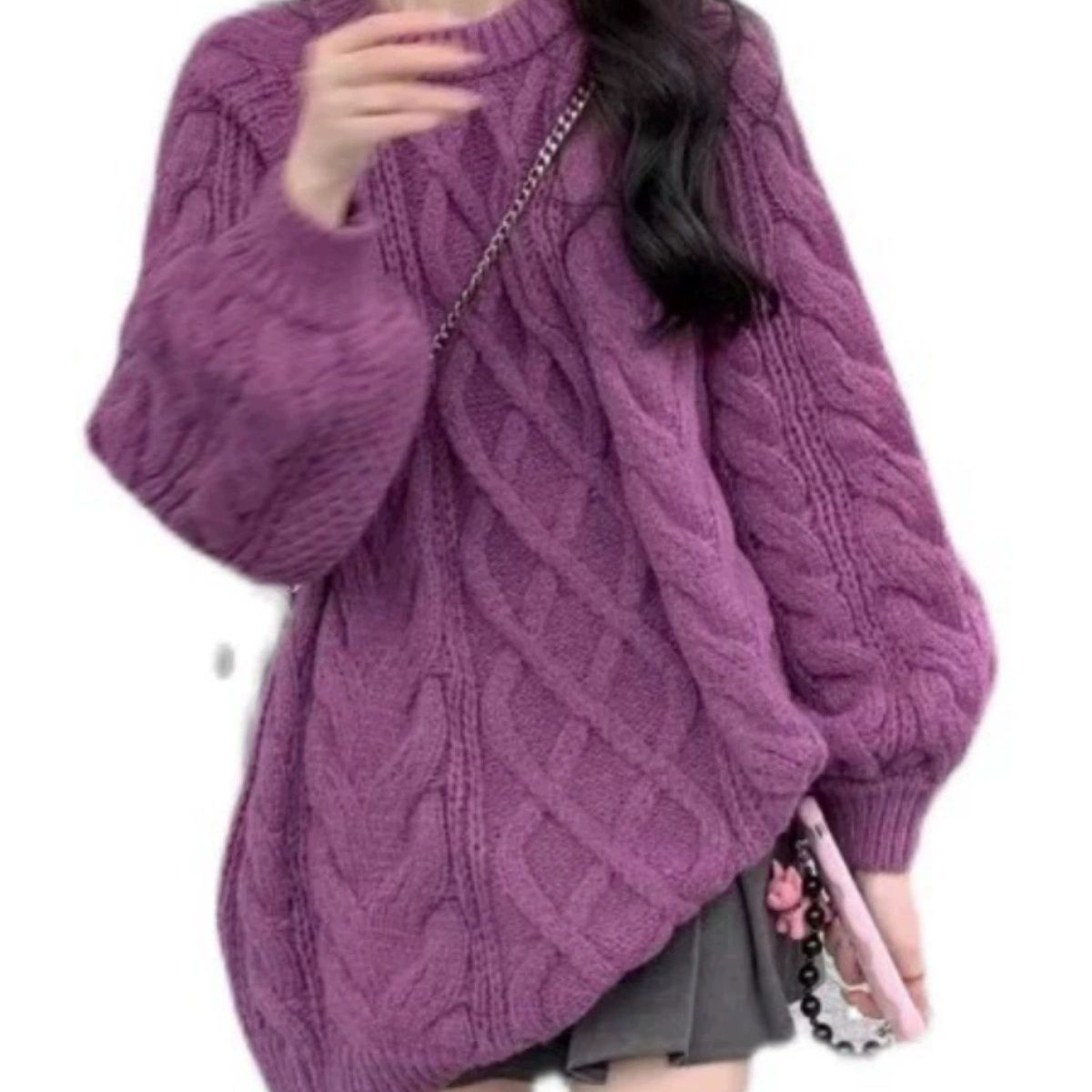 紫色麻花毛衣女秋冬装2023新款慵懒风设计高级感针织衫上衣外穿厚