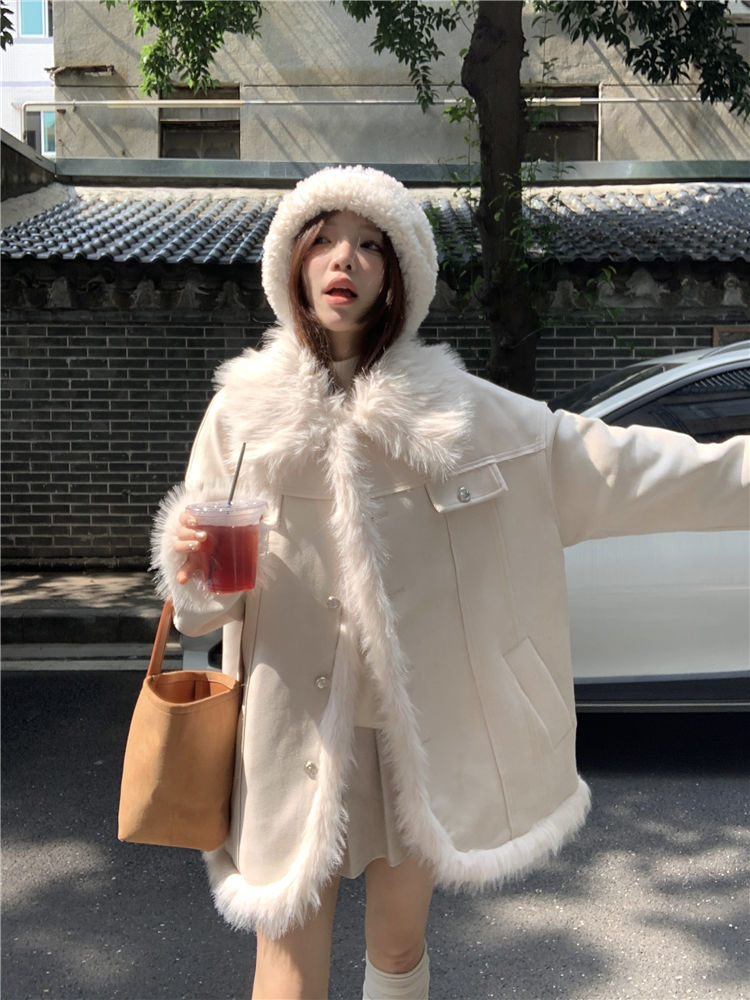 大碼毛毛拼接翻領夾棉外套女2023冬季中長款寬鬆保暖可愛開衫上衣