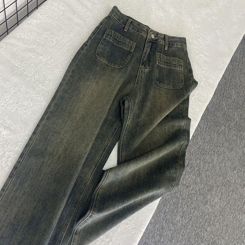 美式直筒牛仔褲女大碼胖mm寬鬆冬季新款顯瘦辣妹復古垂感闊腿褲潮