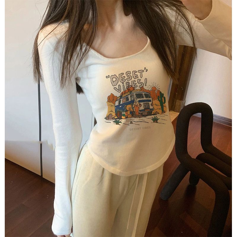 白色u領長袖基礎款T恤女秋季辣妹性感修身緊身短款內搭打底衫上衣