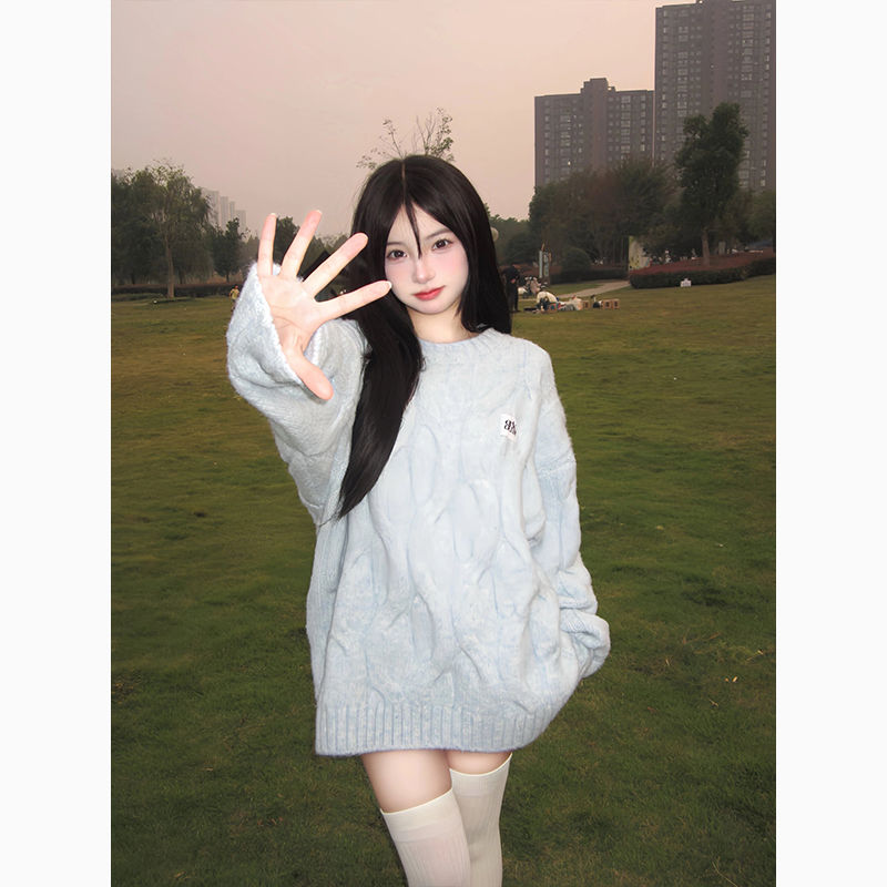 甜美奶fufu軟糯麻花毛衣女秋冬寬鬆慵懶風圓領百搭套頭針織衫潮