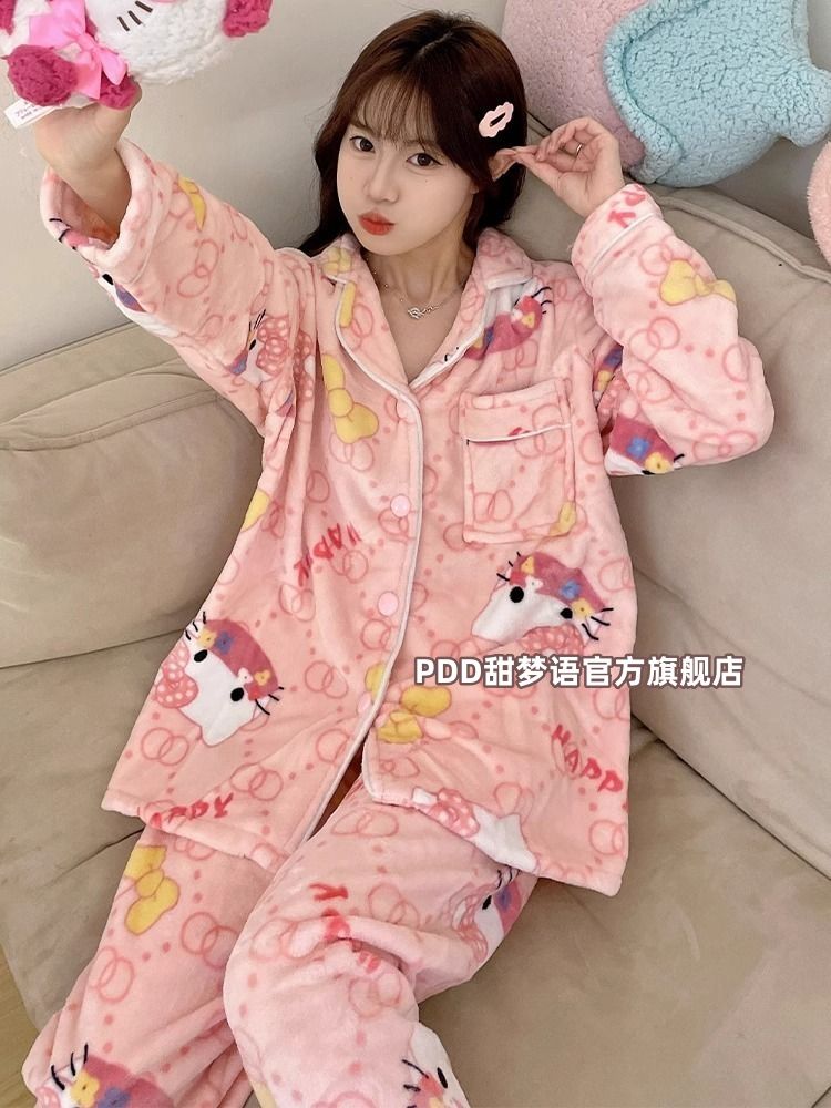 網紅款ins加厚珊瑚絨睡衣女秋冬季可愛少女保暖法蘭絨家居服套裝