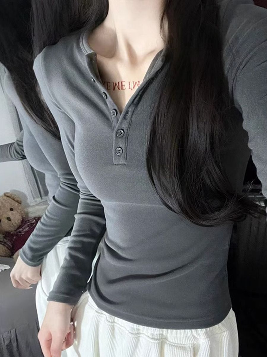 Half-button long-sleeved T-shirt for women, spring and autumn short style, slim inner layer, German velvet bottoming shirt, autumn Maillard top