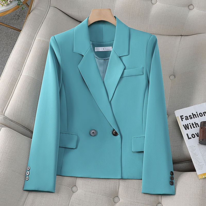Blue green blazer women's short style petite 2023 spring and autumn new temperament slim long-sleeved suit top