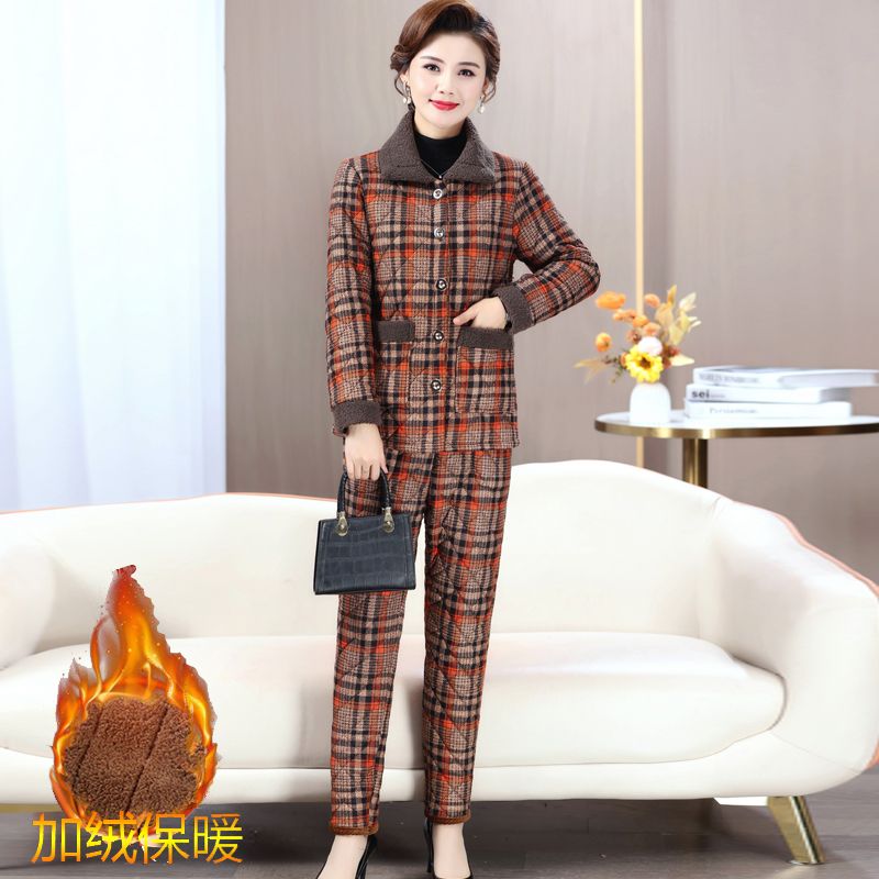 Mom's autumn and winter cotton coat and trousers suit plus velvet to keep warm middle-aged and elderly plaid cotton clothes two-piece set grandma's cotton-padded jacket