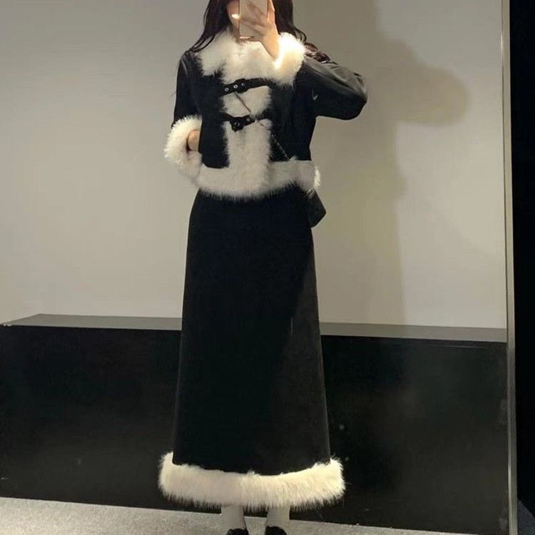 【雪域公主】秋冬新款毛領黑色加厚外套半身裙兩件套女秋冬款套裝