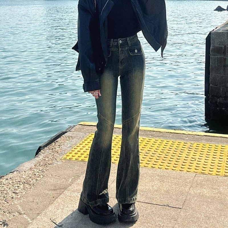 做舊拼接馬蹄牛仔褲女小個子復古高腰修身直筒拖地褲子微喇叭長褲