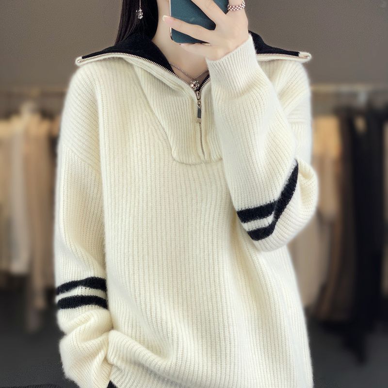 慵懶風時髦百搭學院風立領半開襟減齡百搭毛衣女寬鬆長袖針織衫