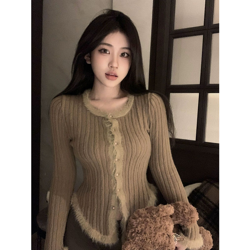 純色毛絨拼接長袖U領毛衣女秋冬季修身針織衫短款設計感開衫上衣