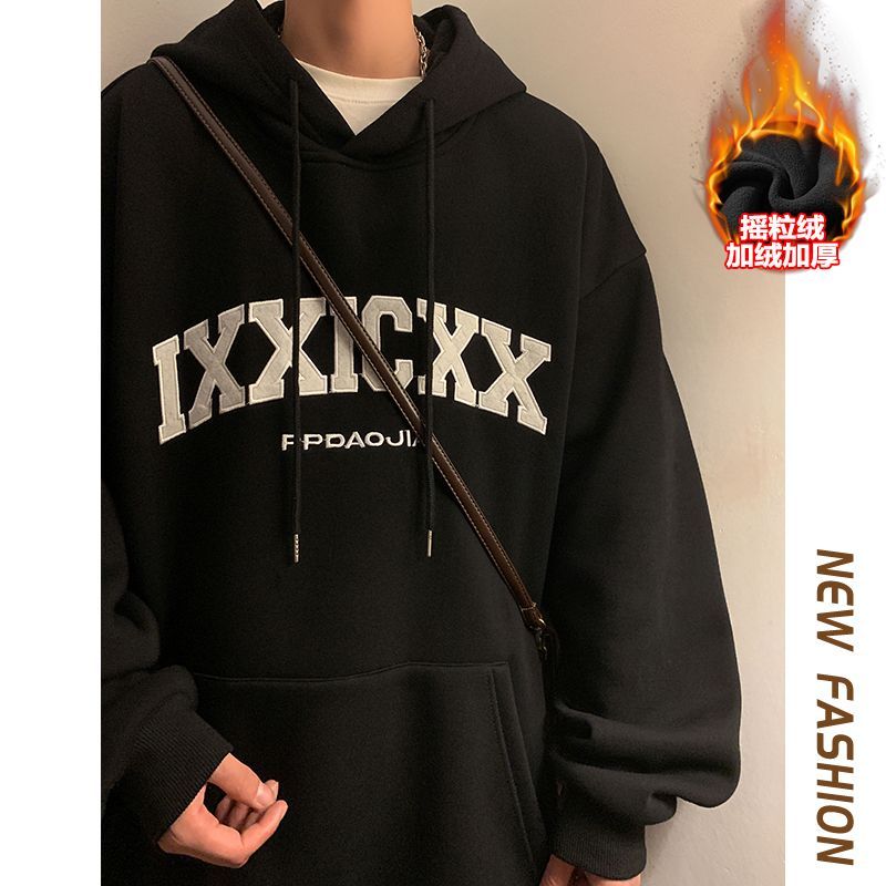 American style embroidered letter polar fleece sweatshirt for men in autumn and winter, thickened with velvet, heavyweight, hooded and handsome for high school students.