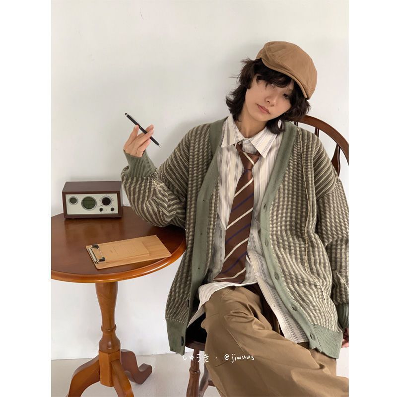萬梵度日系復古百搭秋冬針織毛衣男加厚寬鬆開衫綠色條紋上衣外套