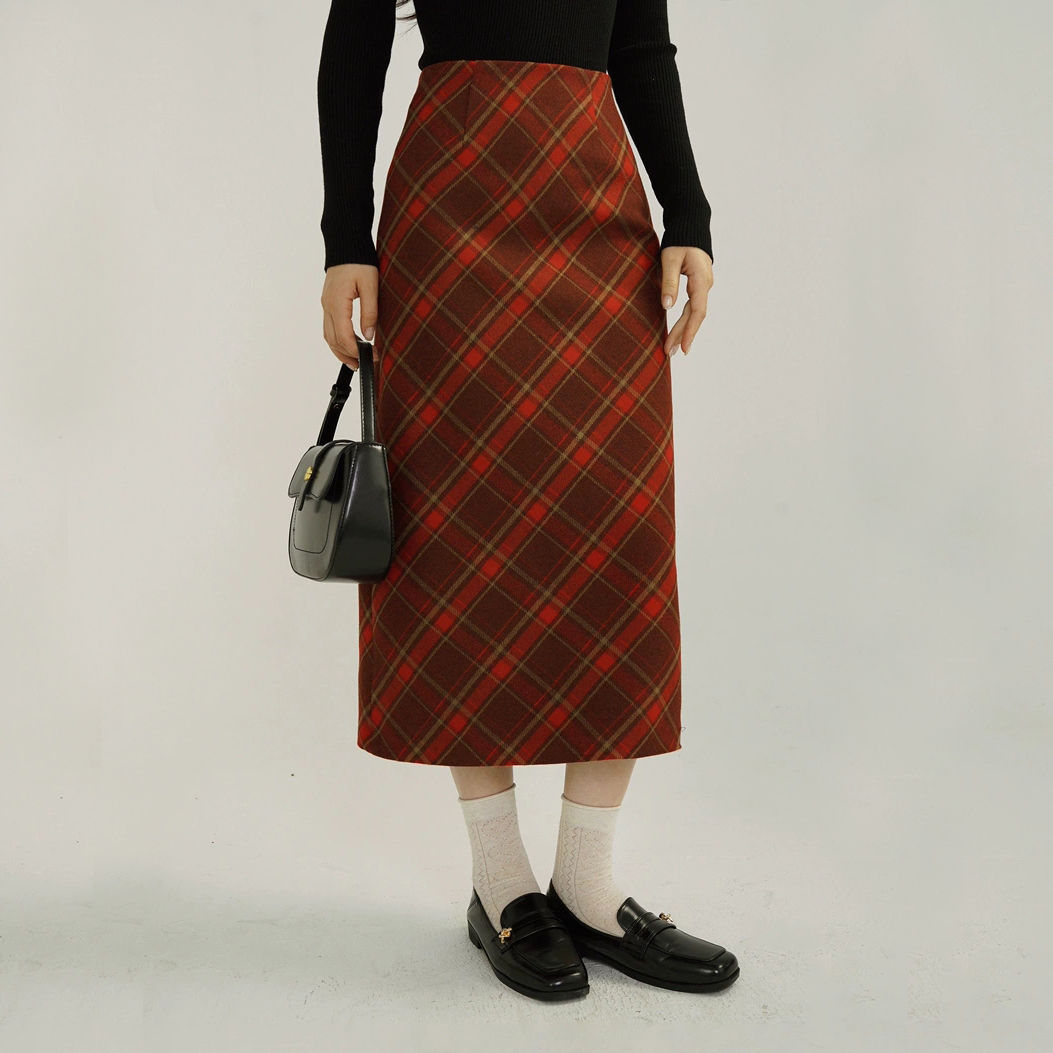 New Year's jersey woolen red plaid skirt long autumn and winter retro hip-hugging slim high waist slimming A-line skirt