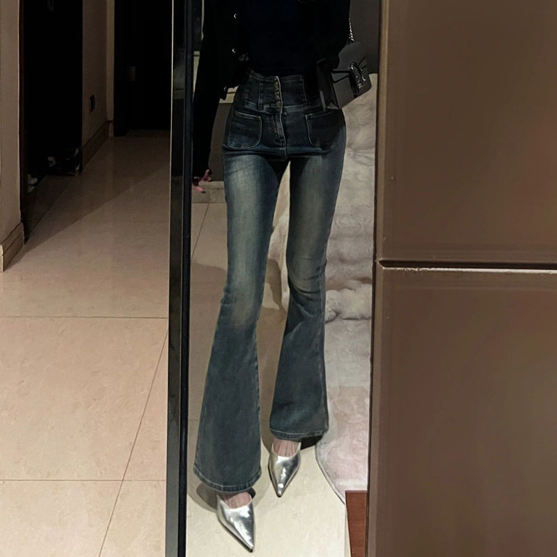 辣妹復古做舊高腰微喇叭牛仔褲女小個子彈力直筒顯瘦馬蹄長褲ins
