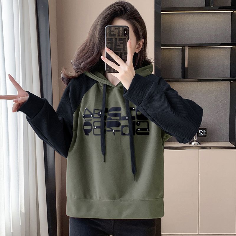 美式加絨加厚連帽衛衣女秋冬大碼打底衫胖mm顯瘦正肩插肩長袖上衣