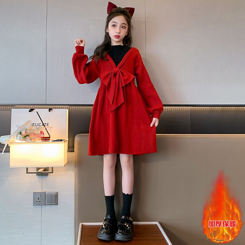 女童過年連衣裙2023新款洋氣兒童針織裙子冬裝紅色女孩打底毛衣裙