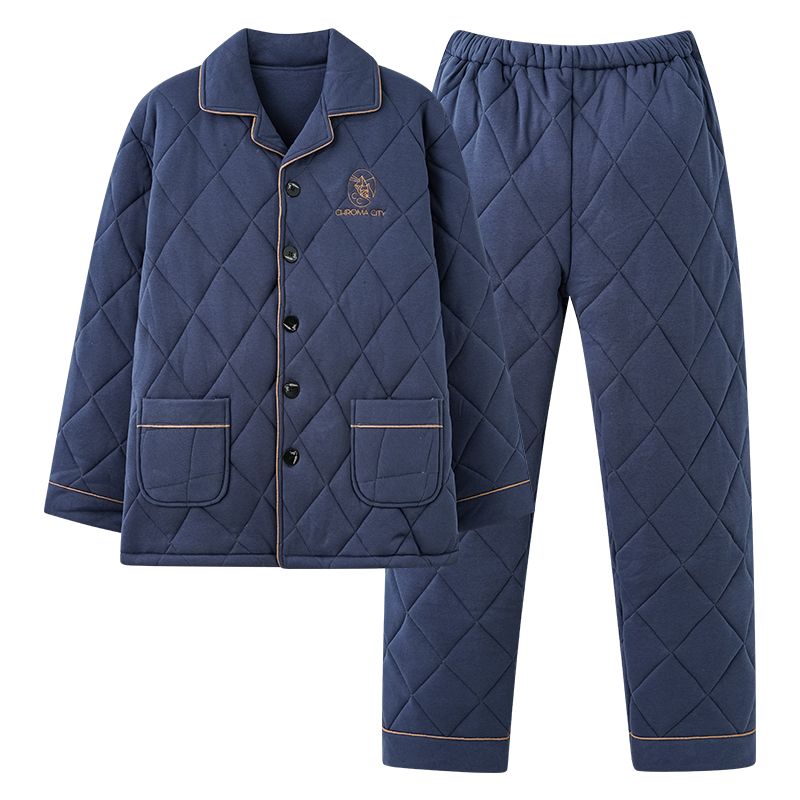 新款男士睡衣冬季三層加厚大碼夾棉襖中年爸爸保暖5XL家居服套裝