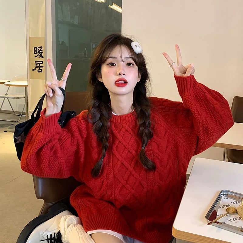 紅色聖誕新年寬鬆厚毛衣女2023秋冬軟糯絞花慵懶風中長款上衣外穿