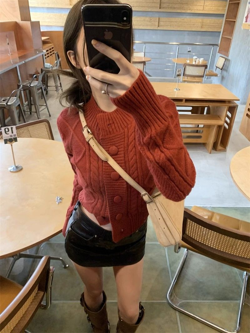 Half turtleneck red twist sweater jacket for women  autumn and winter new style lazy style thickened outer knitted cardigan