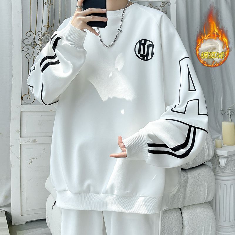 Silver fox velvet oversize sweatshirt for men in winter trendy brand handsome salt boyfriend style versatile round neck couple bottoming shirt